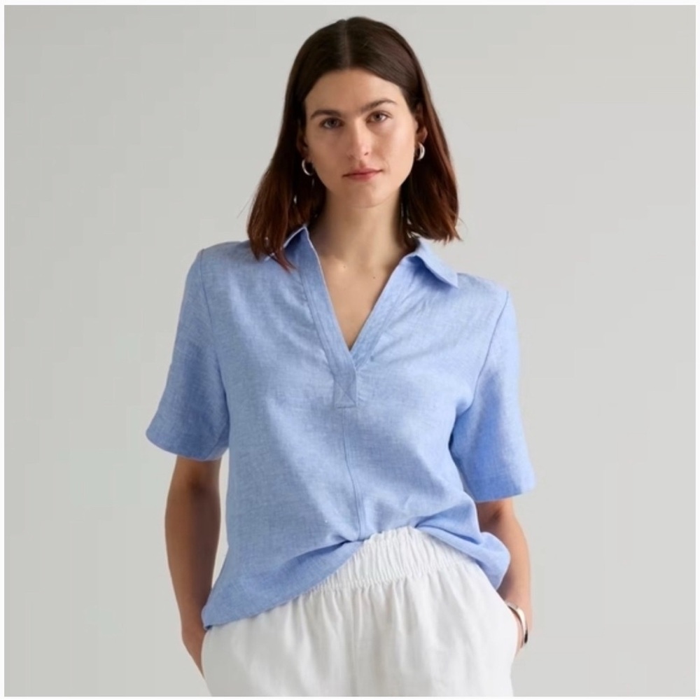 Quince Light Blue Linen V-Neck Short Sleeve Blouse